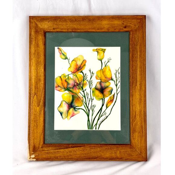 Poppies Watercolor Painting Wall Decor Orange Flower Art Signed & Framed - Picture 1 of 14